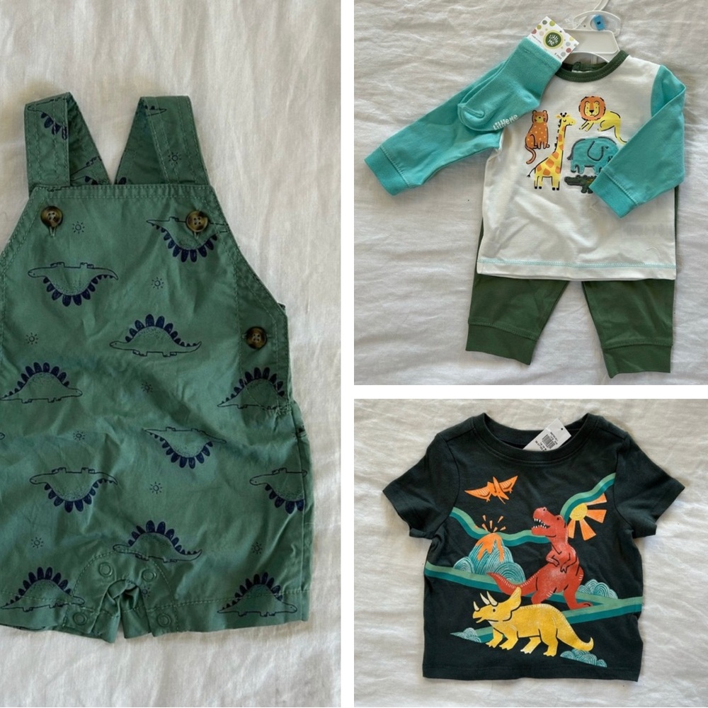 NWT Carters, Old Navy, Little Me Dinosaur outfit bundle